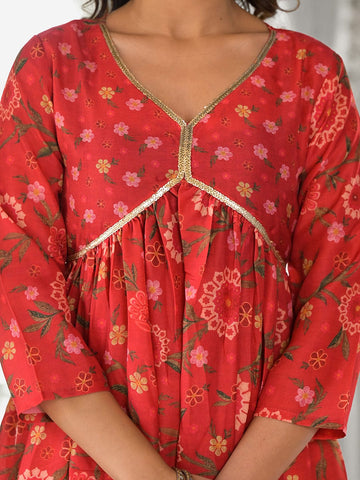 Varanga Women Red Floral Printed Sequin Embellished  A-Line Kurta With Three Quater Sleeves